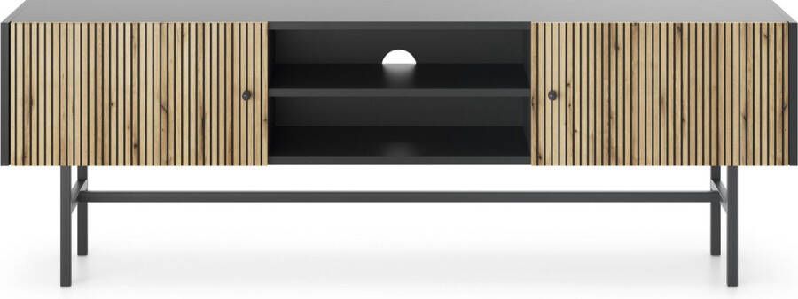 Maxi Huis TV-meubel 2 deuren 3 planken Mat zwart + sierstrips Metalen poten + handgrepen Push to open systeem 155 cm