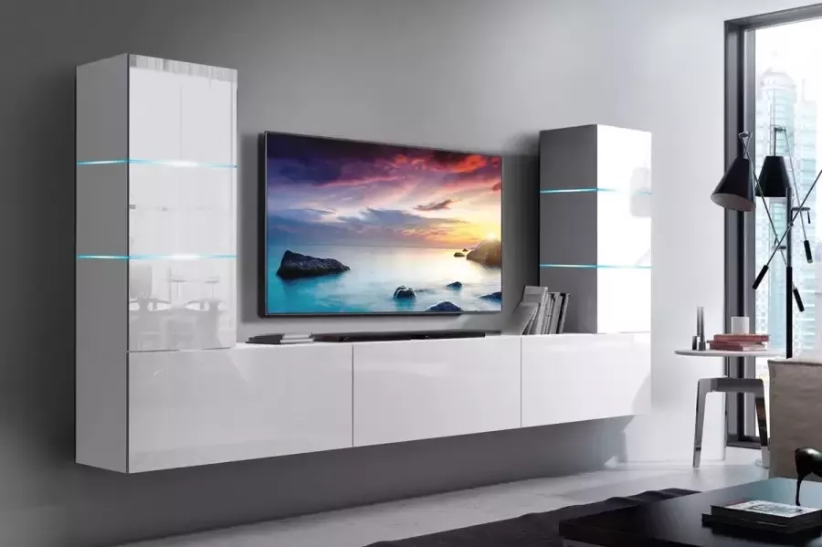 Maxi Huis Tv Meubel Concept 57 HG W 2-1A Led Witte glans 249 cm