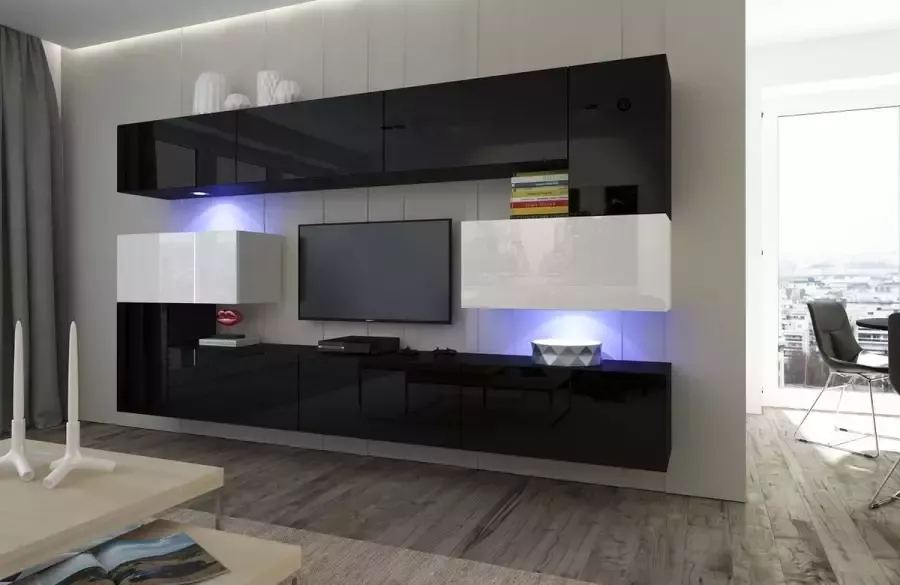 Maxi Maja Tv Meubel Next AN3-17BW-HG24-1A Led Zwarte Wit glans 263 cm