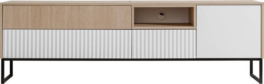Maxi Huis TV-meubel Zoe 1D2K1S Lade Planken Metalen poten Visgraat Wit Naturel 197 cm