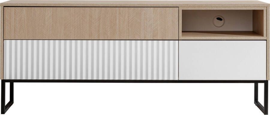 Maxi Huis TV meubel Zoe 2K1S Lade Planken Metalen poten Visgraat Wit Naturel 148 cm