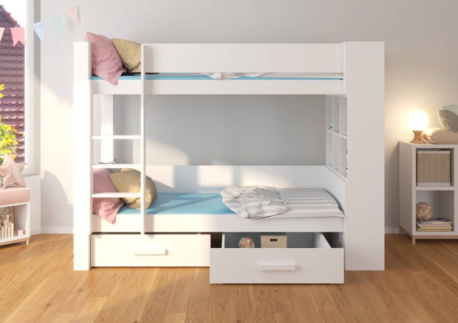 Maxi Huis Tweepersoonsstapelbed Met matrassen GARET 180 x 80 Wit MetPplanken en Laden