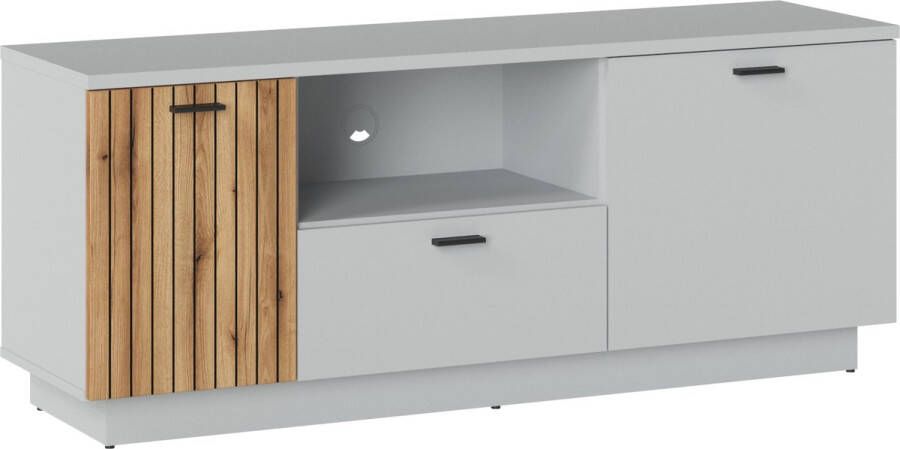 Maxi Huis Vero F03 TV-meubel TV-ladekast woonkamermeubel breedte 145 2 cm met lade en planken. Kleur grijs eiken