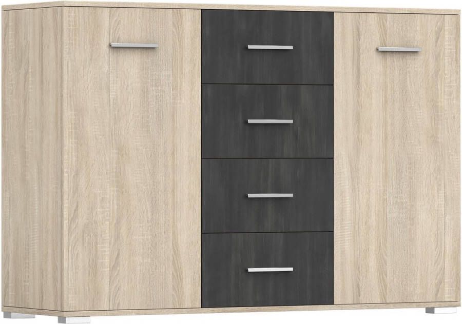 Maxi Huis Wenecja 2d4s ladekast dressoir planken laden breedte 135 cm kleur sonoma zwart grenen korting