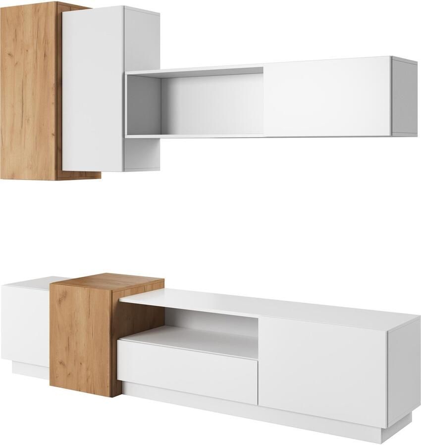 Maxi Maja 3D-wandmeubel meubels voor onder de tv-meubel meubelset voor de woonkamer moderne woonkamermeubels lengte 220 cm wit mat + eiken craft goud decor