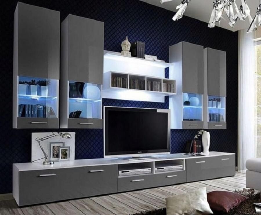 Maxi Maja Alfa II TV meubel wandmeubel 300 cm 1 stuk wit en grijs met LED verlichting