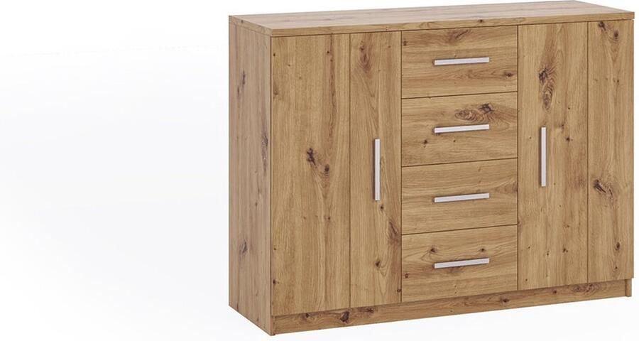 Maxi Maja BONO K2D4SZ ladekast 4 laden planken 2 x deuren ruime kast breedte 120 cm ergonomisch universele ladekast voor de woonkamer slaapkamer ambachtelijk eik artisan