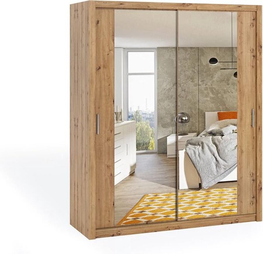 Maxi Maja Bono kledingkast 180 cm met spiegel 2 schuifdeuren artisan eik zelfmontage