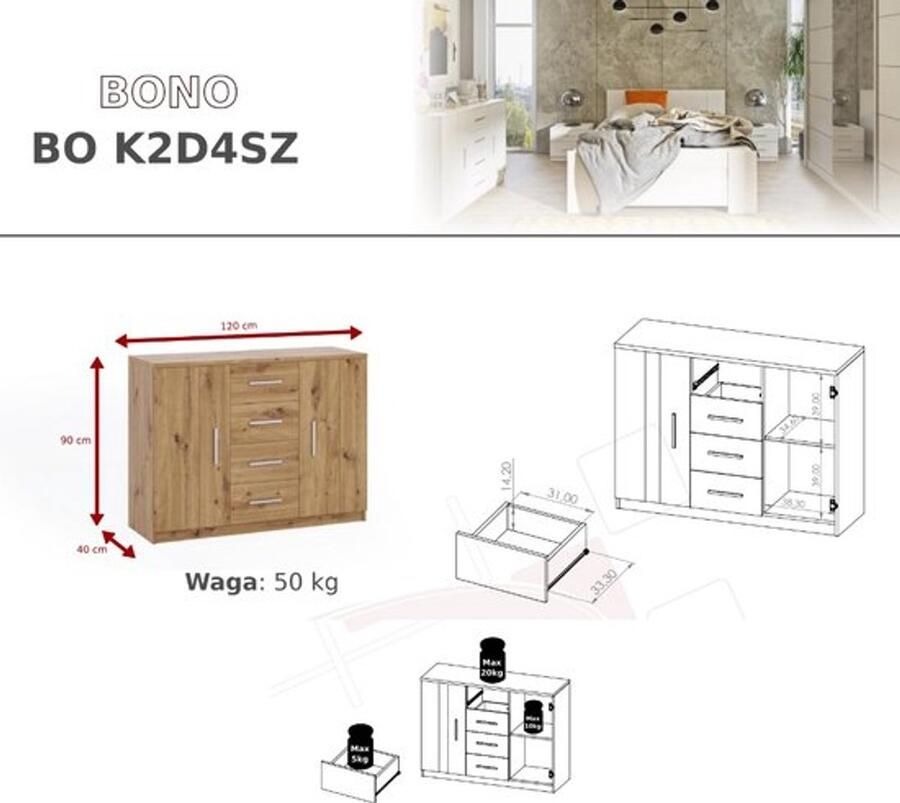 Maxi Maja Bono ladekast 4 laden en 2 deuren breedte 120 cm kloostereik zelfmontage meubel - Foto 2