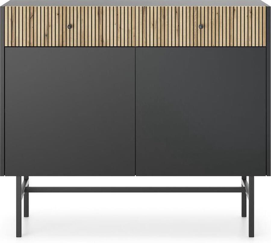 Maxi Maja Diva ladekast 2 deuren 2 lades 104 cm mat zwart met naturel eiken strips en metalen poten