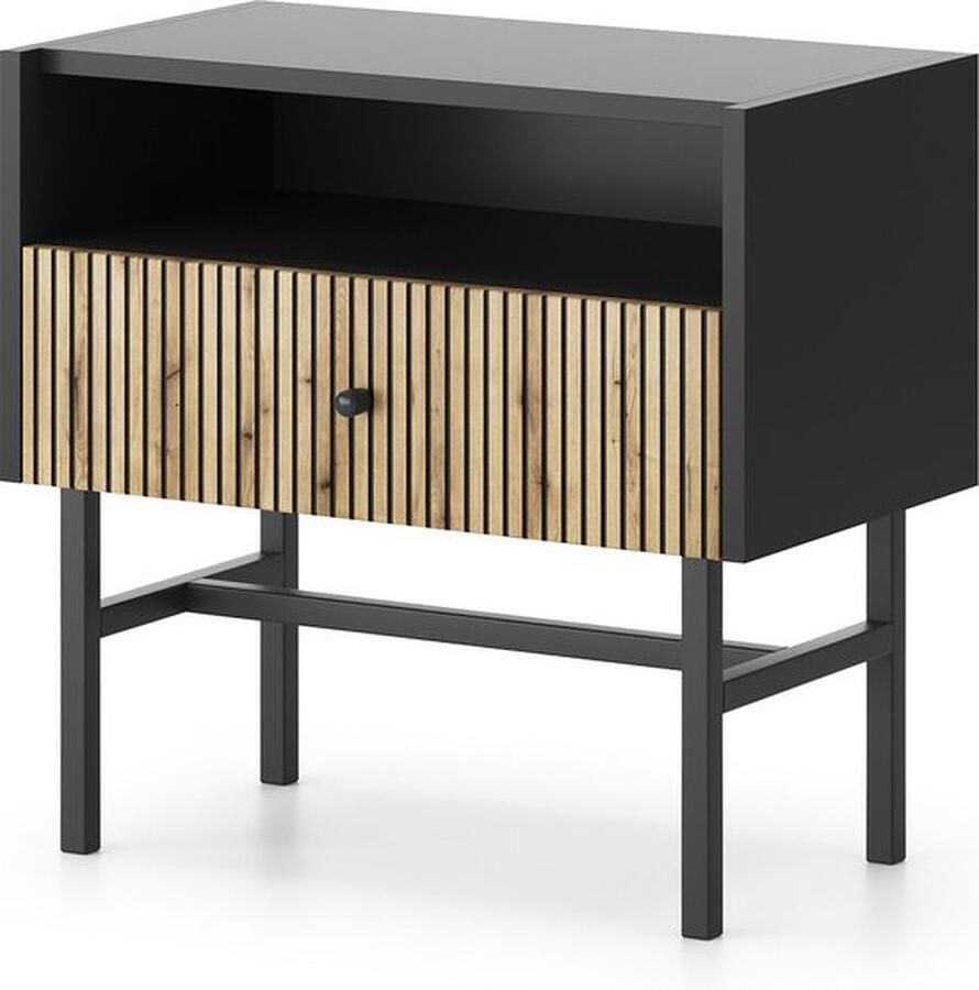 Maxi Maja DIVA nachtkastje met lade en plank 1 stuk mat zwart met naturel eiken strips en metalen poten