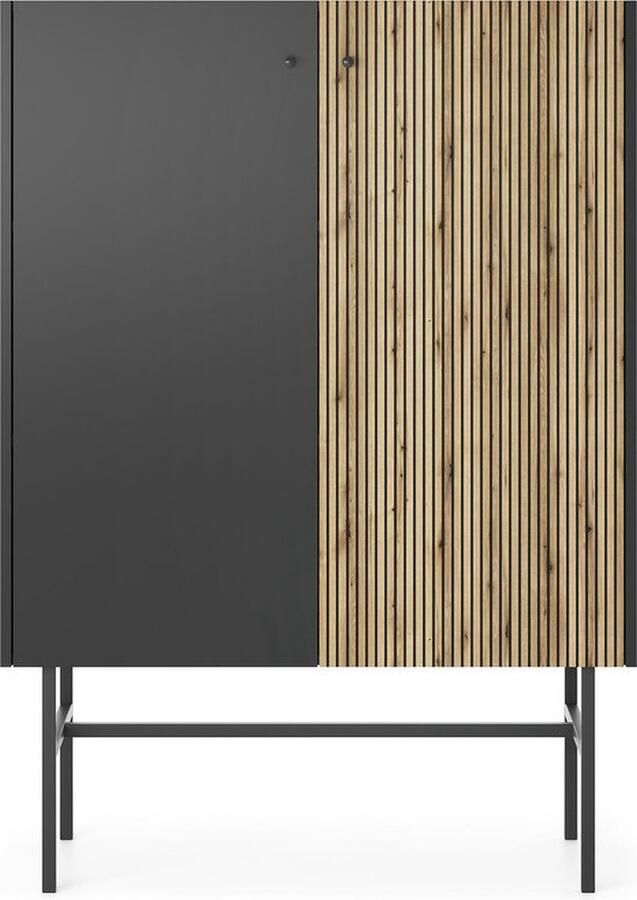 Maxi Maja Diva vitrinekast 2 deuren 93 cm ladekast mat zwart met naturel eiken strips en metalen poten push to open systeem
