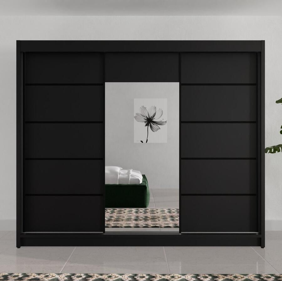 Maxi Maja Driedeurs schuifkast Kledingkast met laden Kledingkast met spiegel Breedte 200 cm Ruime kledingkast Zwarte kledingkast