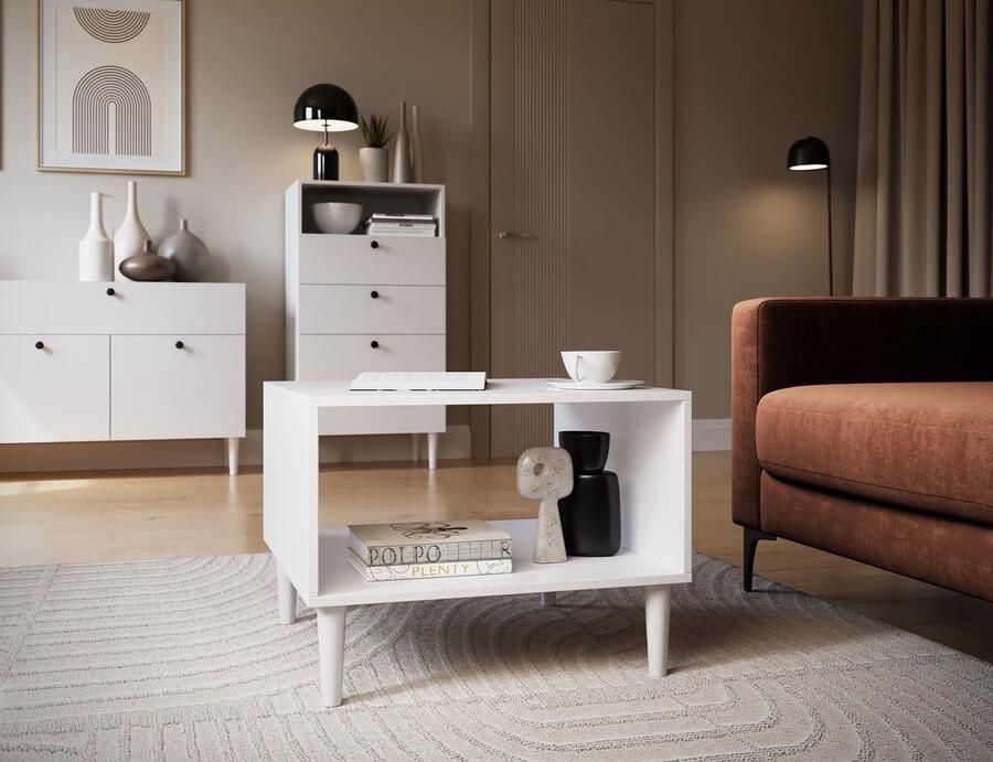 Maxi Maja Dullum Salontafel met plank 45x60x60 cm wit vierkant modern met hoge poten