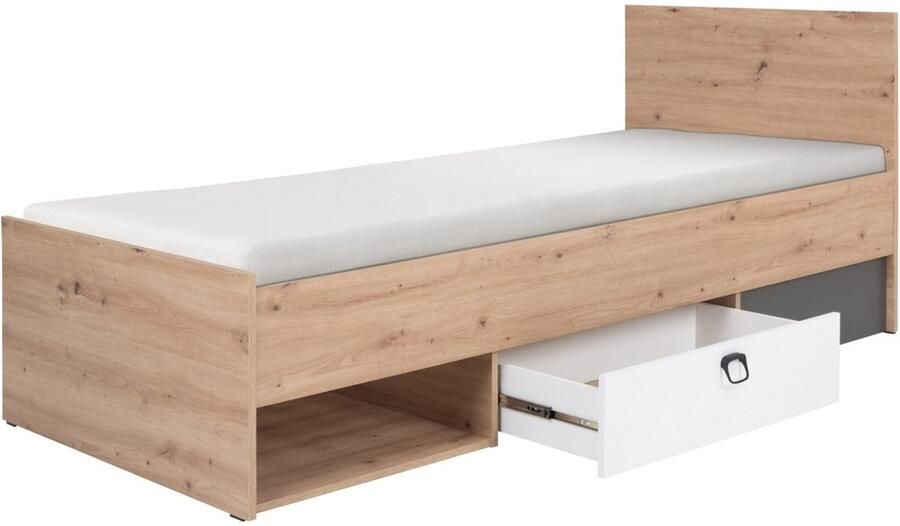 Maxi Maja Eenpersoons kinderbed Bed met lade ambachtelijk eiken grafiet wit Zwarte handgrepen