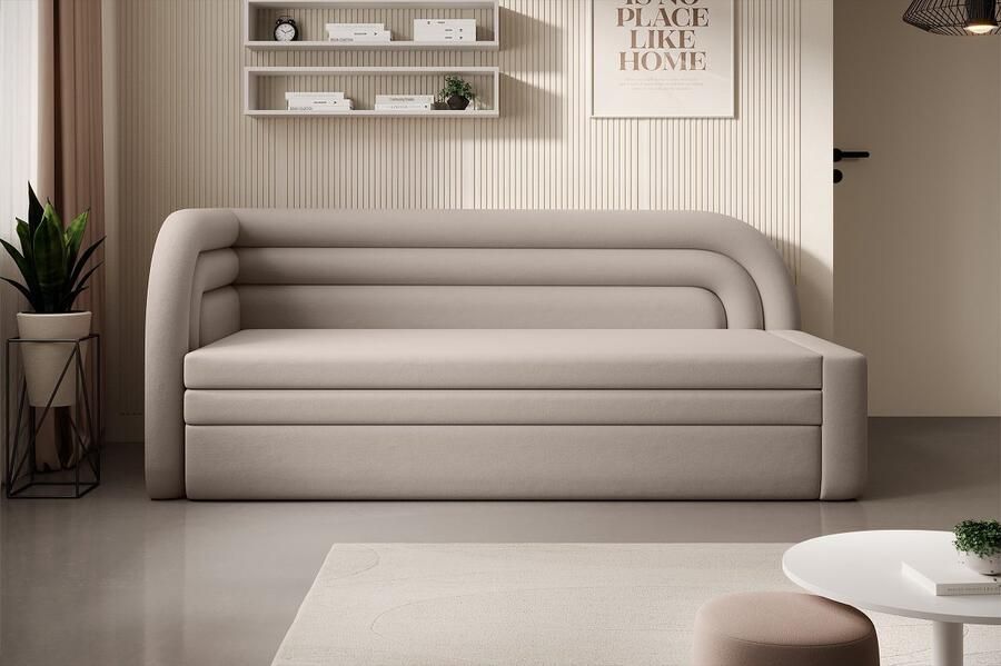 Maxi Maja Fabillo L Opvouwbare bank met beddegoedlade beige stof fluweel jeugdbank woonkamerbank slaapbank breedte 223 cm