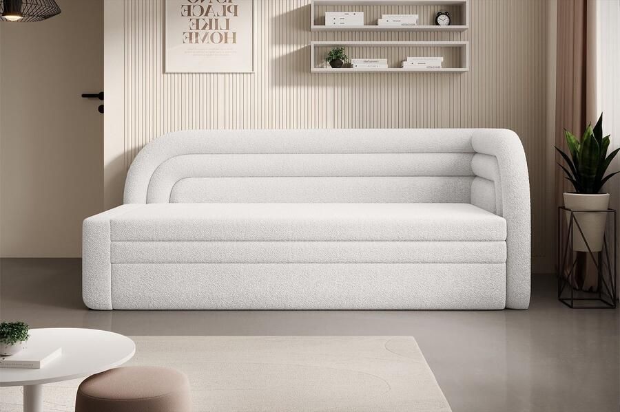 Maxi Maja Fabillo R Opvouwbare bank met beddegoedlade wit boucle stof jeugdbank woonkamerbank slaapbank breedte 223 cm