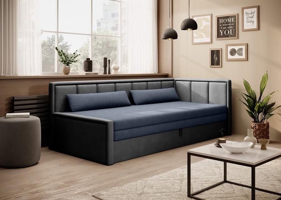 Maxi Maja Fulgeo P Sleepking Sofa Bed -Vouwbank Slaapbank Met opbergruimte Voor beddengoed Marineblauw Grijs Chenille Jeugd Slaapgedeelte 150 x 200 cm
