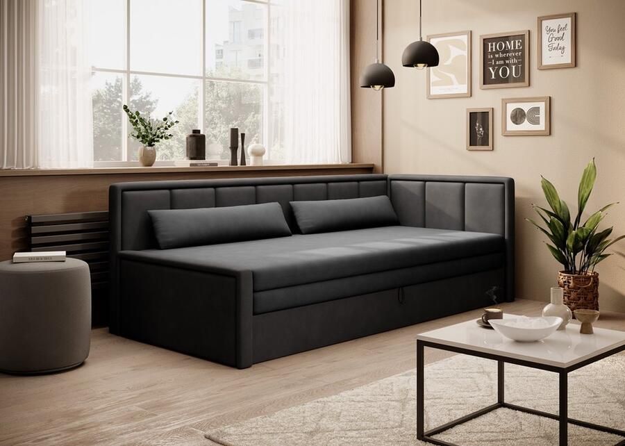 Maxi Maja Fulgeo P Sleepking Sofa Bed -Vouwbank Slaapbank Met opbergruimte Voor beddengoed Grijs Zwart -Chenille Jeugd Slaapgedeelte 150 x 200 cm