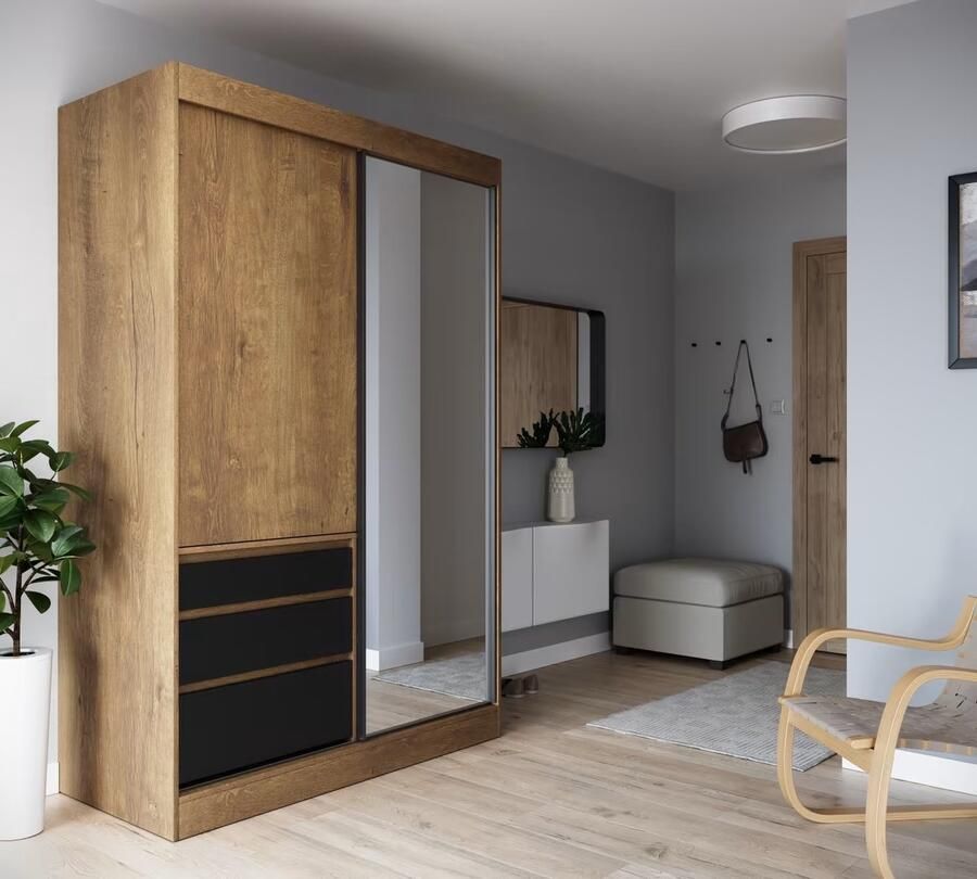 Maxi Maja Haidar 140 Kledingkast met laden Spiegelkast Breedte 140 cm Ruime kledingkast Bruin + Zwart- Twee deuren Met legplanken Hanggedeelte