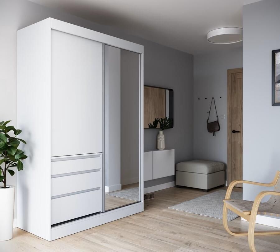 Maxi Maja Haidar 140 Kledingkast met laden Spiegelkast Breedte 140 cm Ruime kledingkast Wit Twee deuren Met legplanken Hanggedeelte