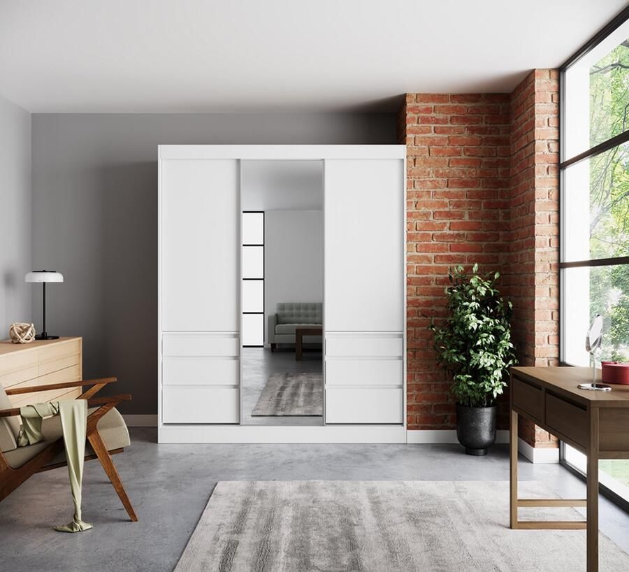 Maxi Maja Haidar 180 Driedeurskast Kledingkast met laden Kledingkast met spiegel Breedte 180 cm Ruime kledingkast Wit