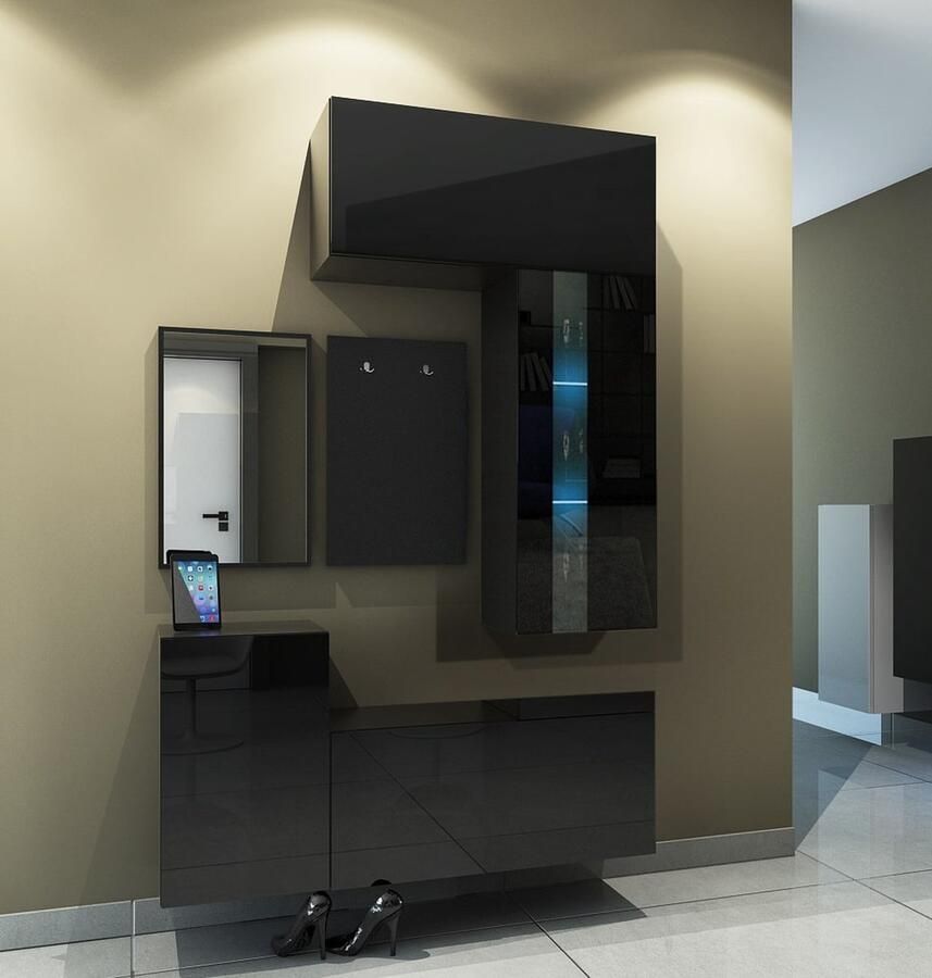 Maxi Maja Halmeubel met spiegel 6 elementen + LED Schoenenplank Kleerhangers Modern gangmeubel Kleur Zwart