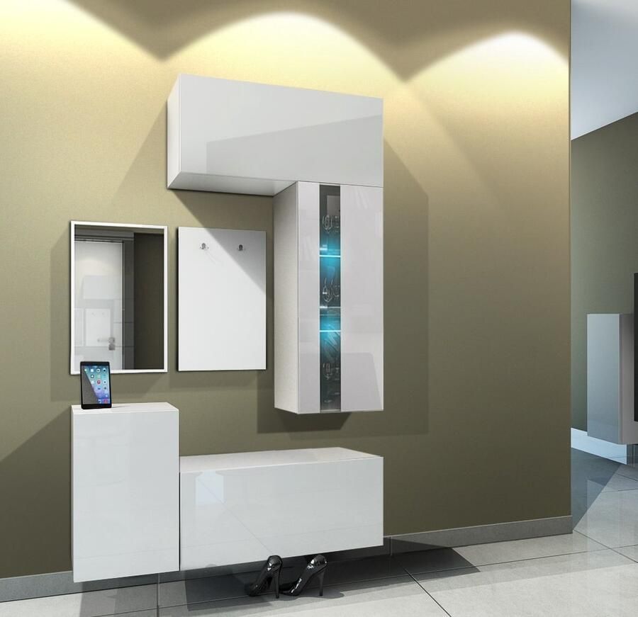 Maxi Maja Halmeubel met spiegel 6 elementen + LED Schoenenplank Kleerhangers Modern halmeubel Witte kleur