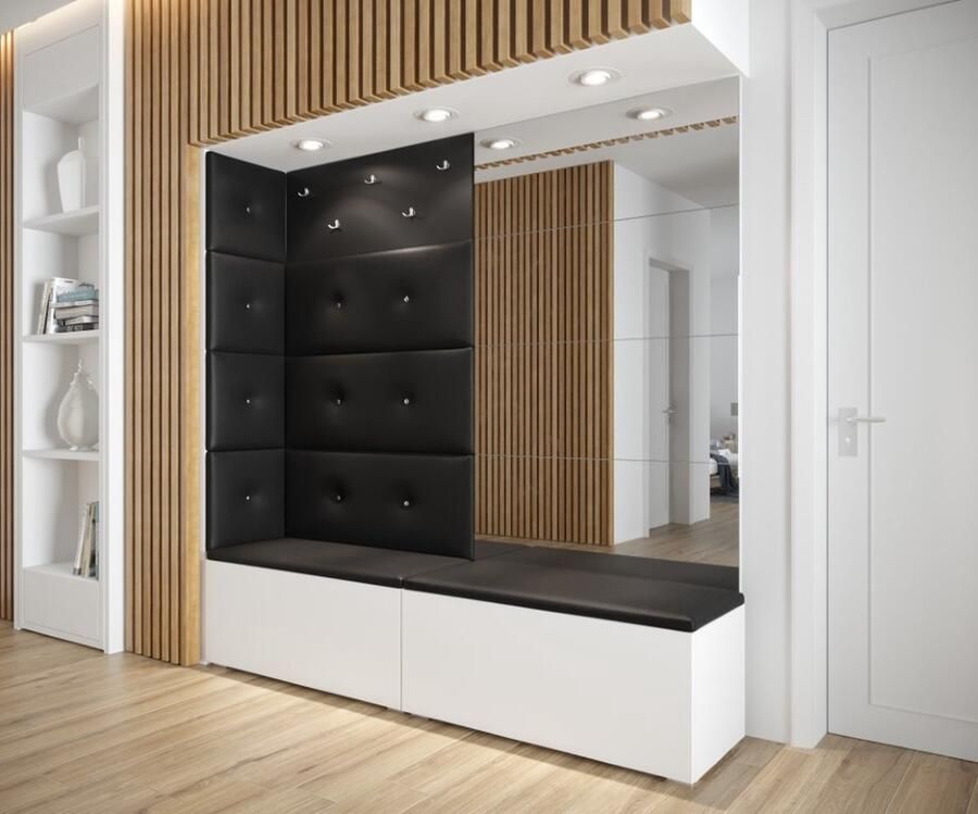 Maxi Maja Halmeubel met spiegel Schoenenplank Kleerhangers Zwart gestoffeerde panelen Modern halmeubilair Wit