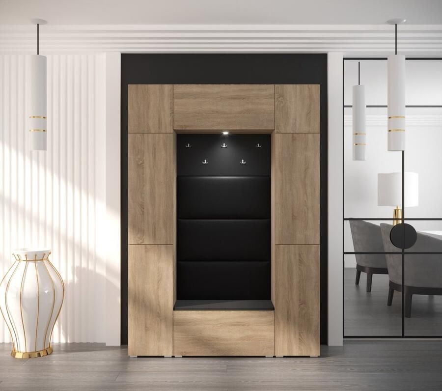 Maxi Maja Halmeubel Ruime kasten 5 hangers Zwart gestoffeerde panelen LED Sonoma