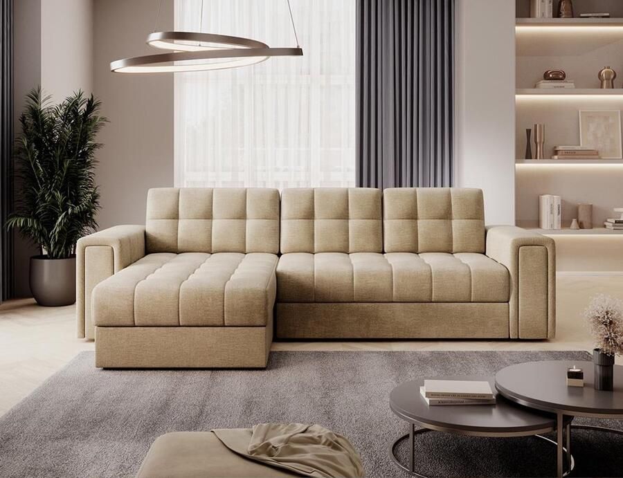 Maxi Maja Hoekbank L multifunctionele comfortabele hoekbank met slaapfunctie en opbergruimte voor beddengoed lengte 260 cm niet-markerende hydrofobe fluwelen stof lichtbruine kleur Blenvi