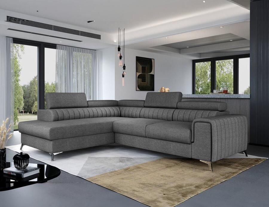 Maxi Maja Hoekbank Laurence Slaapfunctie Container grijs gevlochten stof links L vorm Verstelbare hoofdsteunen 278 x 205 cm