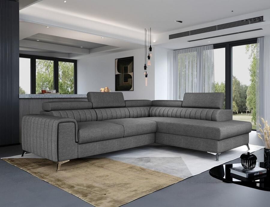 Maxi Maja Hoekbank Laurence Slaapfunctie Container grijs gevlochten stof rechts L vorm Verstelbare hoofdsteunen 278 x 205 cm