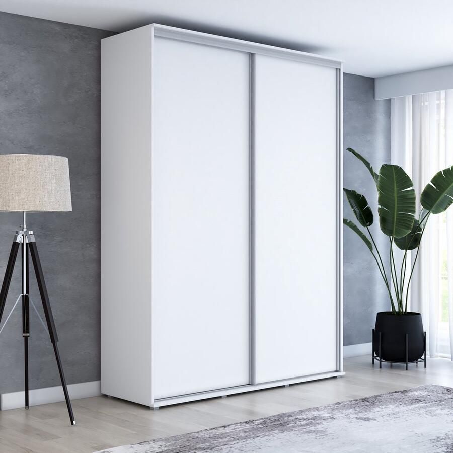 Maxi Maja Hoge kledingkast met 2 schuifdeuren 130 x 242 x 61 cm Kleur wit Aluminium handgrepen Interieur met legplanken en roede 2 laden Ergonomische grote schuifkast Hoge kwaliteitsgarantie Maja