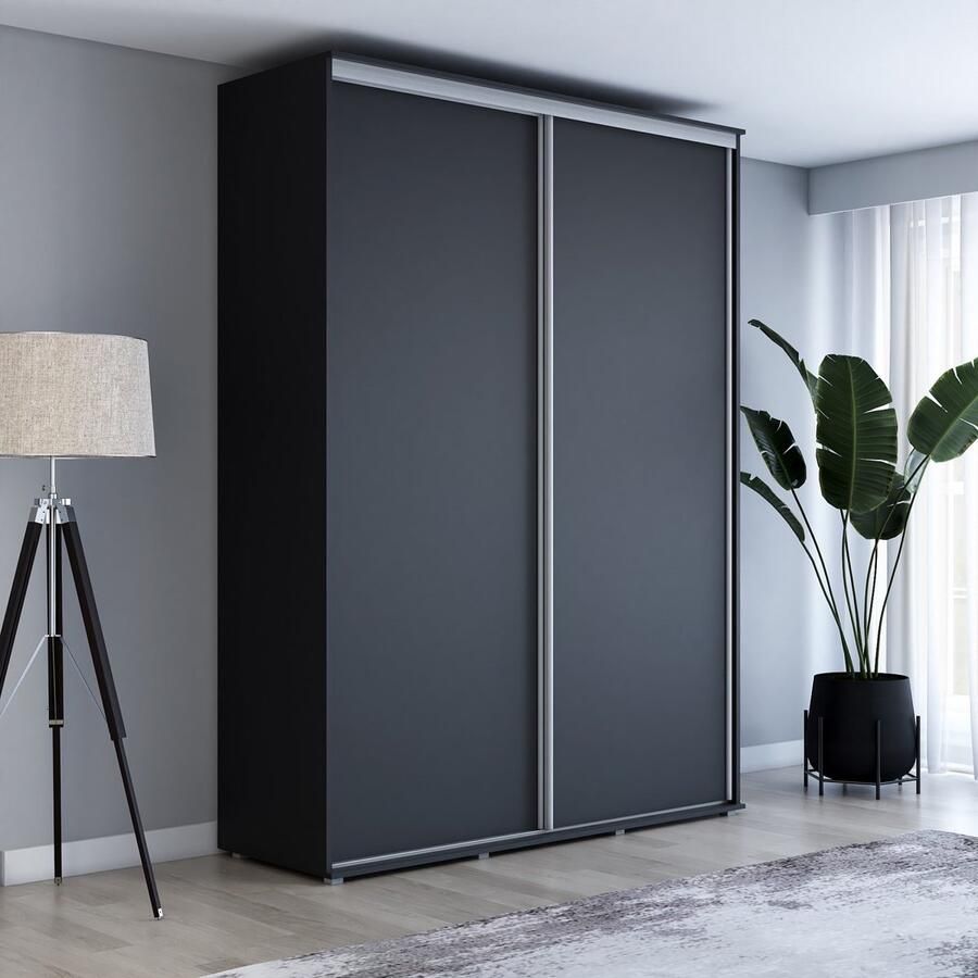 Maxi Maja Hoge kledingkast met 2 schuifdeuren 130 x 242 x 61 cm Kleur zwart Aluminium handgrepen Interieur met legplanken en roede 2 laden Ergonomische grote schuifkast Hoge kwaliteitsgarantie Maja
