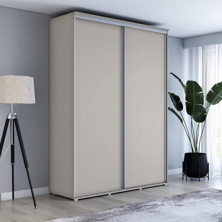 Maxi Maja Hoge kledingkast met 2 schuifdeuren 130 x 242 x 61 cm Kleur Beige Cashmere Aluminium handgrepen Interieur met legplanken en roede 2 laden Ergonomische grote schuifkast Hoge kwaliteitsgarantie Maja