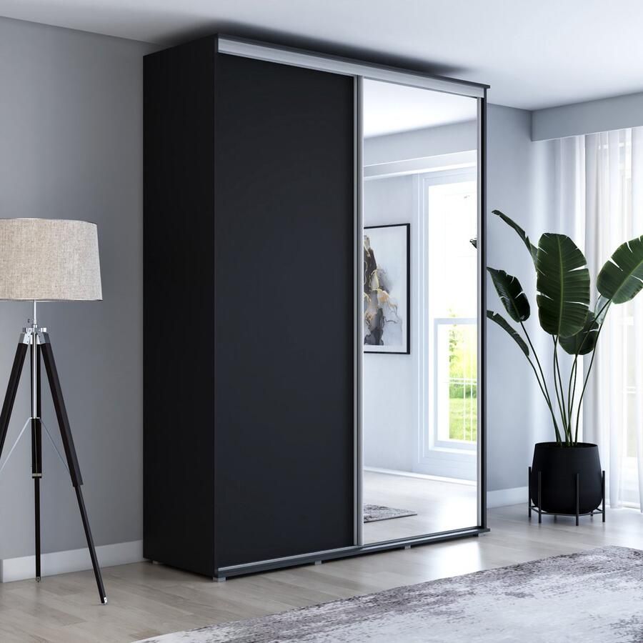 Maxi Maja Hoge kledingkast met 2 schuifdeuren en spiegel 160 x 242 x 61 cm kleur zwart Aluminium handgrepen Interieur met legplanken en roede 2 laden Ergonomische grote schuifkast Hoge kwaliteitsgarantie Maya kledingkast