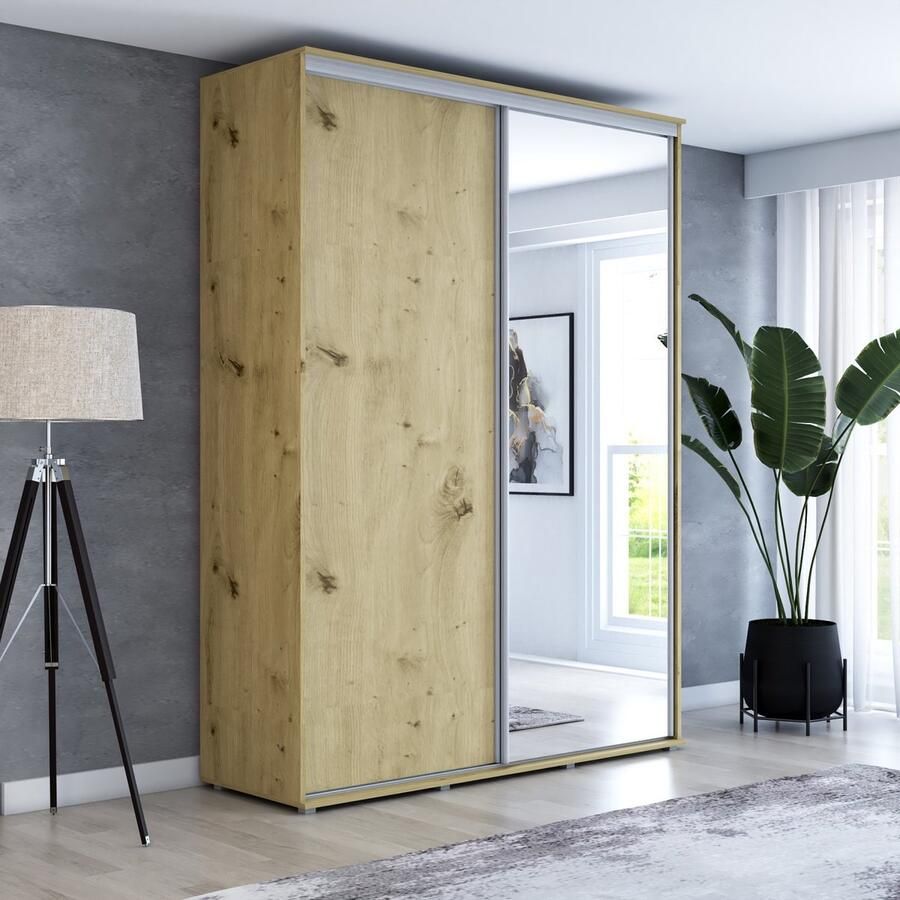 Maxi Maja Hoge kledingkast met 2 schuifdeuren en spiegel 160 x 242 x 61 cm decor: artisanale eik bruin Aluminium handgrepen Interieur met legplanken en roede 2 laden Ergonomische grote schuifkast Hoge kwaliteitsgarantie Maya kledingkast