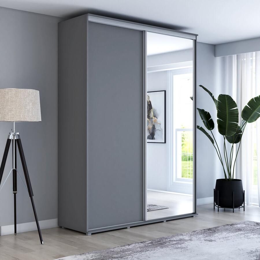 Maxi Maja Hoge kledingkast met 2 schuifdeuren en spiegel 160 x 242 x 61 cm kleur antraciet Aluminium handgrepen Interieur met legplanken en roede 2 laden Ergonomische grote schuifkast Hoge kwaliteitsgarantie Maya kledingkast