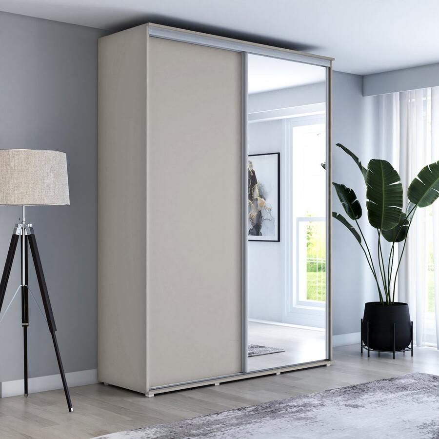 Maxi Maja Hoge kledingkast met 2 schuifdeuren en spiegel 160 x 242 x 61 cm Kleur beige Cashmere Aluminium handgrepen Interieur met legplanken en roede 2 laden Ergonomische grote schuifkast Hoge kwaliteitsgarantie Maya kledingkast