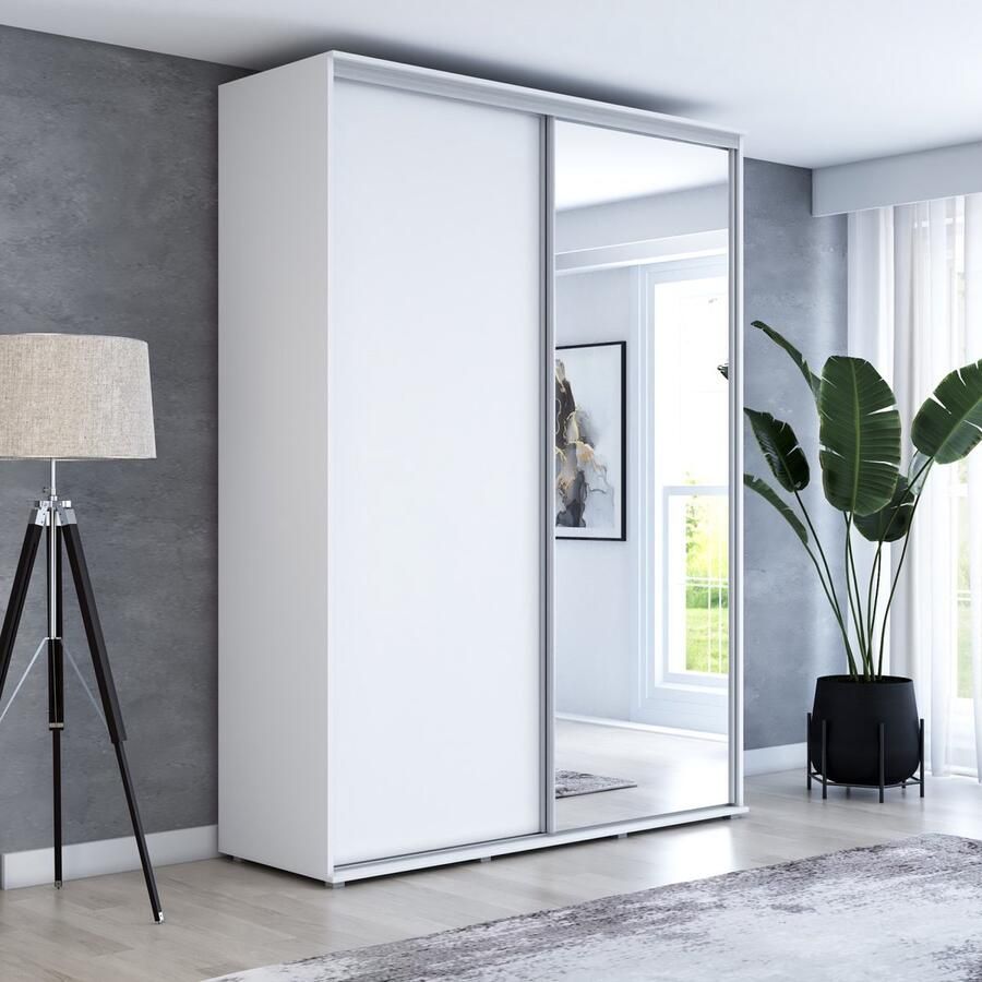 Maxi Maja Hoge kledingkast met 2 schuifdeuren en spiegel 160 x 242 x 61 cm kleur wit Aluminium handgrepen Interieur met legplanken en roede 2 laden Ergonomische grote schuifkast Hoge kwaliteitsgarantie Maya kledingkast