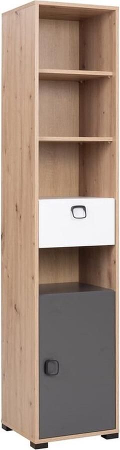 Maxi Maja Kevin meubels Boekenkast met lade 40 cm 1 stuk ambachtelijk eiken grafiet wit met zwarte handgrepen