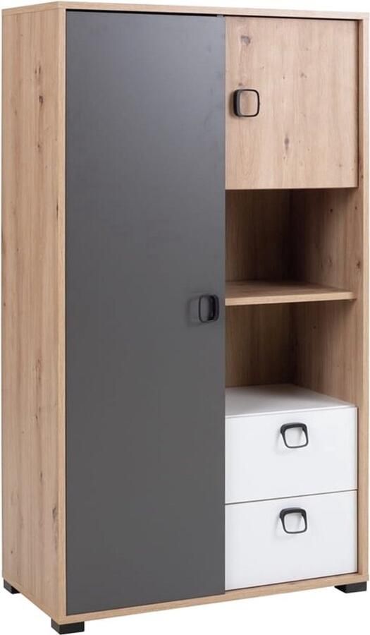 Maxi Maja Kevin meubels Boekenkast met laden 80 cm 1 stuk ambachtelijk eiken grafiet wit met zwarte handgrepen