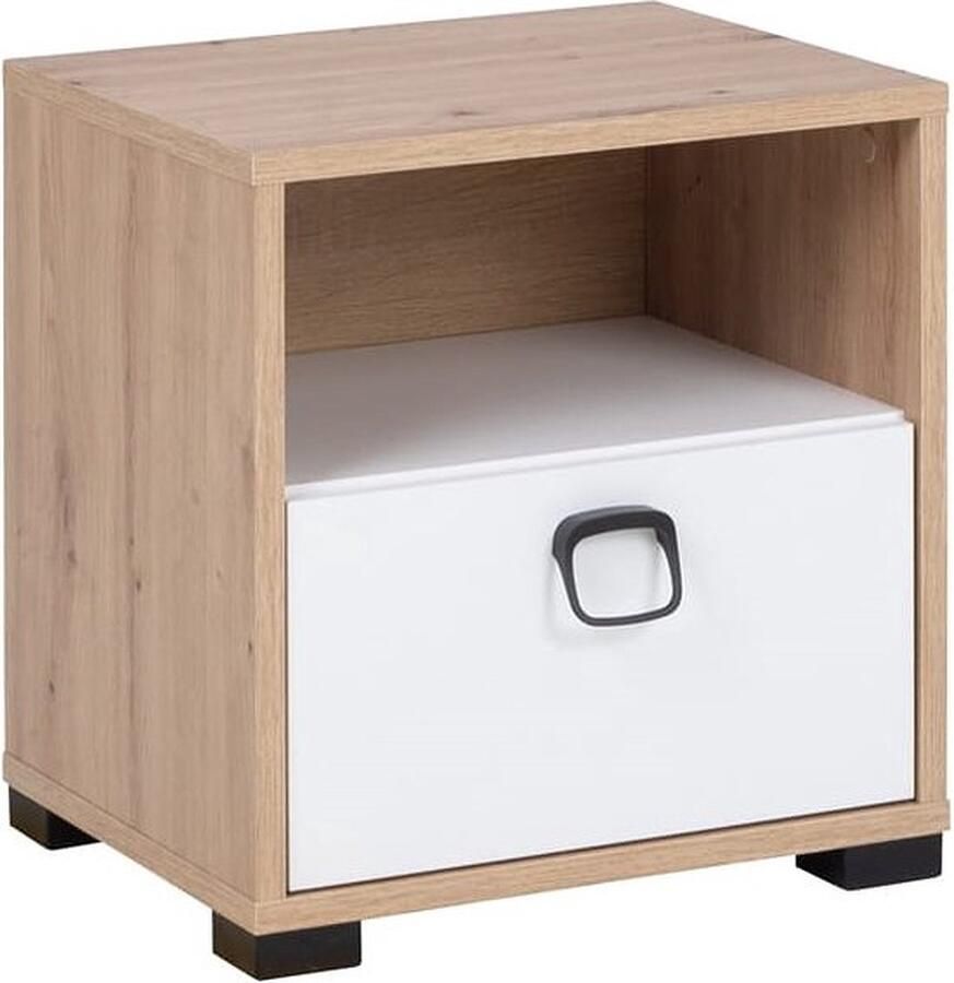 Maxi Maja Kevin meubels Nachtkastje met lade 1 stuk ambachtelijk eiken grafiet wit met zwarte handgrepen