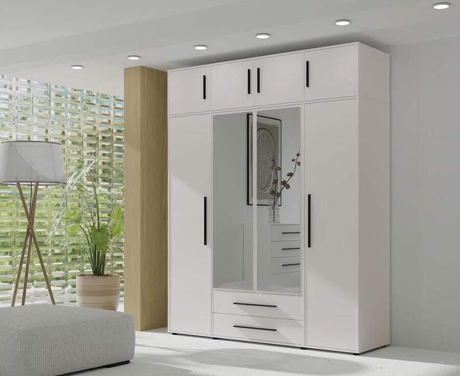 Maxi Maja Kledingkast met kastuitbreiding hoge kleerkast 248 20 cm breedte 198 cm kledingkast met draaideuren met 2 laden 2 spiegel legplanken hanggedeelte wit ergonomisch