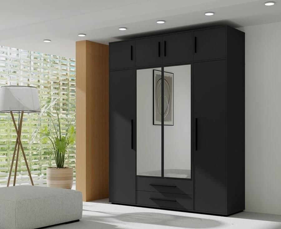 Maxi Maja Kledingkast met kastuitbreiding hoge kleerkast 248 20 cm breedte 198 cm kledingkast met draaideuren met 2 laden 2 spiegel legplanken hanggedeelte zwart ergonomisch