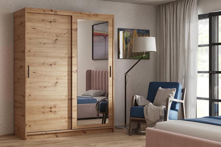 Maxi Maja Kledingkast met spiegel Kledingkast voor de kamer met planken Kledingkast met laden Ambachtelijk eiken 120 cm