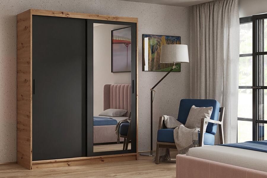 Maxi Maja Kledingkast met spiegel Kledingkast voor de kamer met planken Kledingkast met laden Artisan Oak + Zwart 120 cm