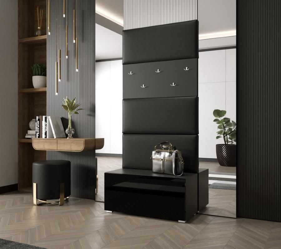 Maxi Maja Kledingkast Schoenenkast 5 hangers Glanzend wit Mat wit 3 zwart gestoffeerde panelen Moderne zwarte kledingkast