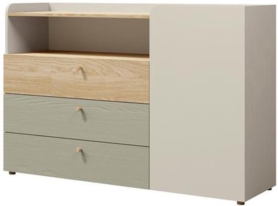 Maxi Maja Ladekast YUKI 8 ladekast met planken 140 cm breed eucalyptus en grijsbeige en geoliede eik
